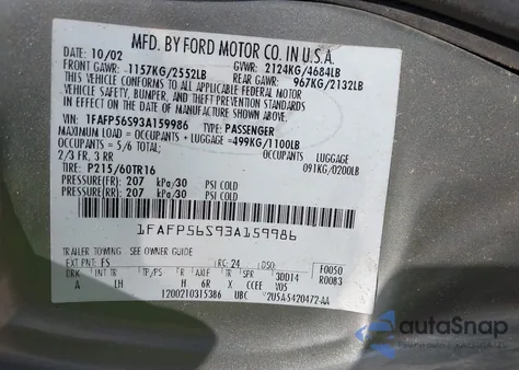 2003 Ford Taurus Sel z USA, uszkodzony, nr VIN 1FAFP56S93A159986